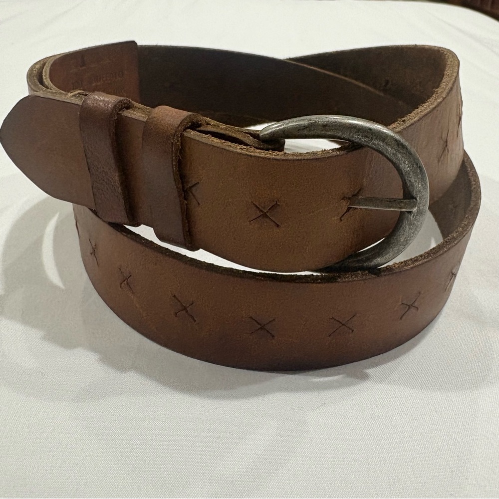 Free People Brown Leather Belt with Stitched X Detail